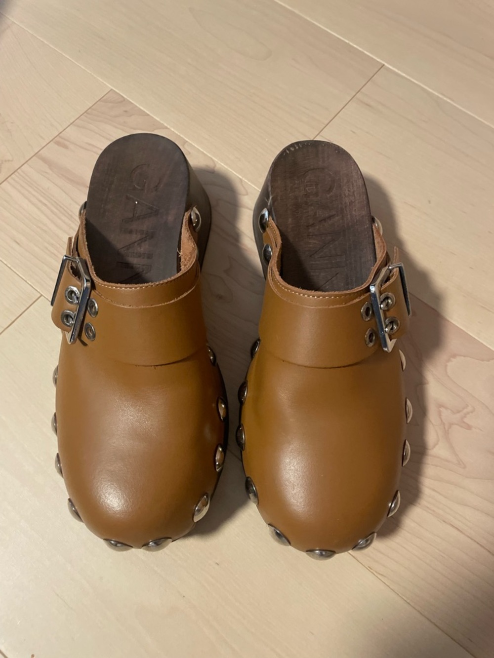 Ganni Tan Leather Studded Clogs